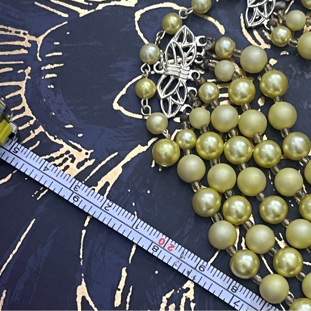 Vintage Chunky Yellow Pearl Gold Tone and Sparkly AB 5 Strand Necklace JAPAN A3 - Picture 14 of 14